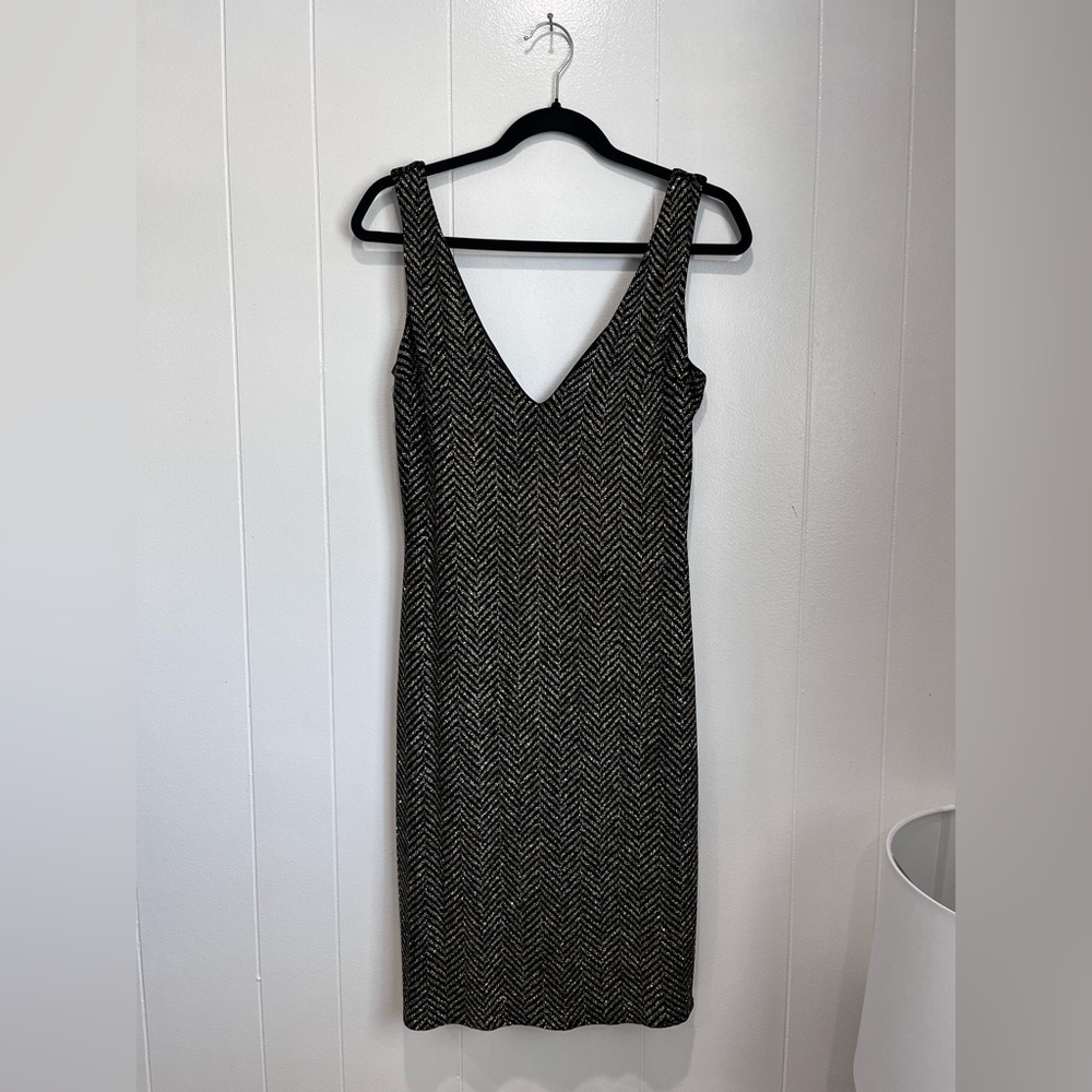 Jessica McClintock Black and Gold/Silver Sequin Midi/Mini Dress Size 6